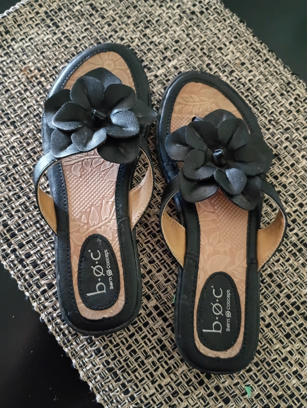 Black Floral Leather Sandals for Women